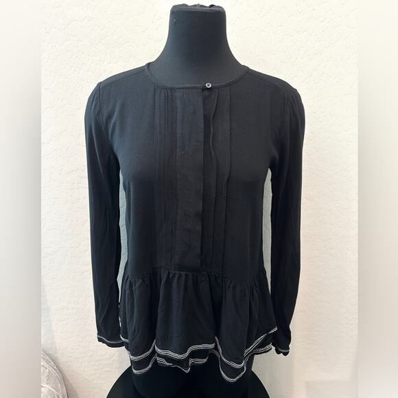 LOFT | Black Long Sleeve Peasant Top Boho Blouse Ruffle Hem Minimalist | XS - Picture 2 of 8